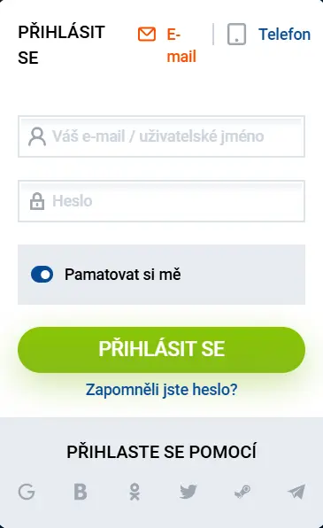 Přihlašovací okno Mostbet se záložkami E-mail a Telefon