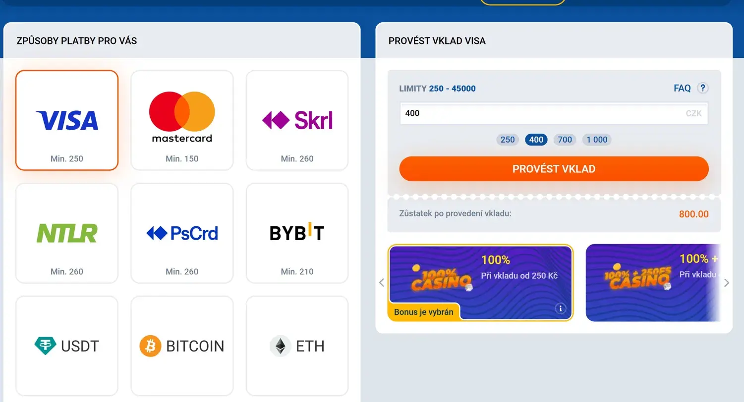 Pokladna Mostbet s přehledem platebních metod Visa, Mastercard, Skrill, Neteller, Paysafecard, Bybit, USDT, Bitcoin a Ethereum